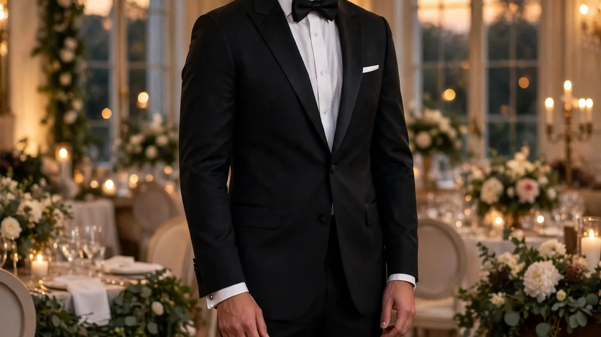 Male wedding guest in a black tuxedo with a bow tie at an elegant evening reception