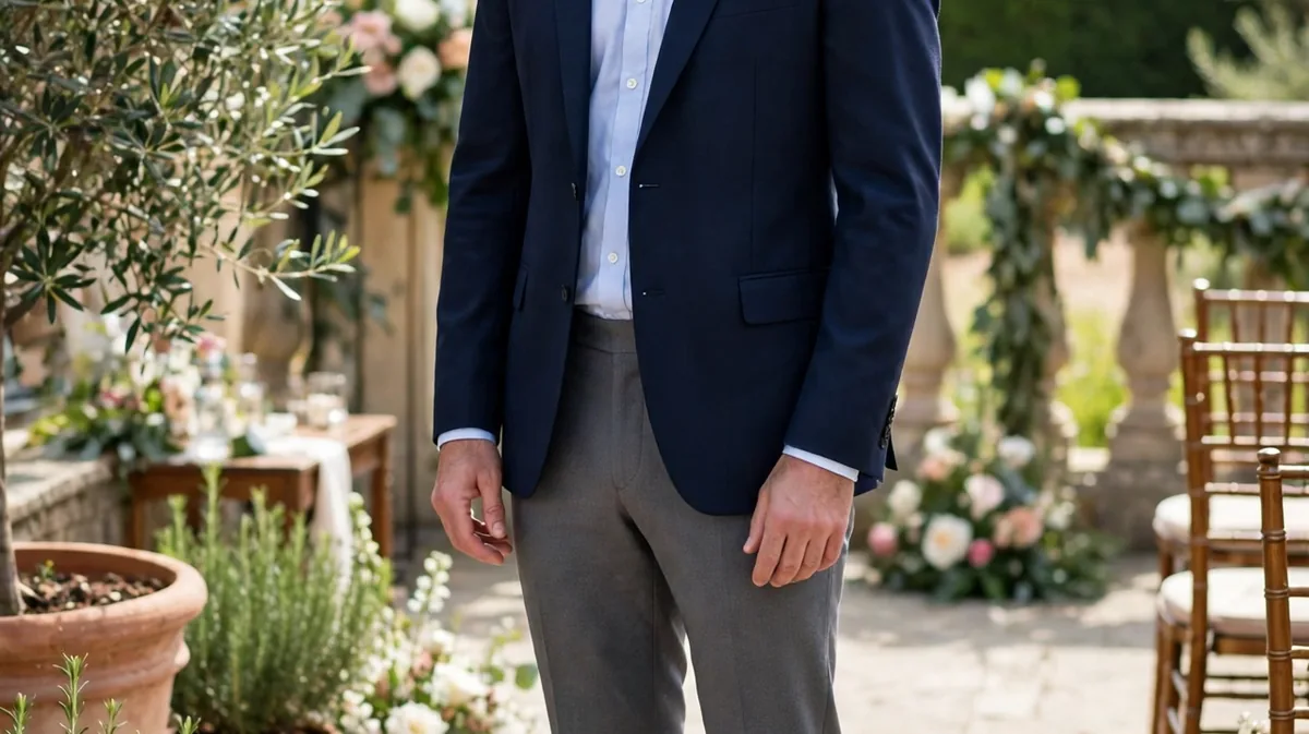 Man wearing a navy blazer with grey tailored trousers and brown Derby shoes as a wedding guest
