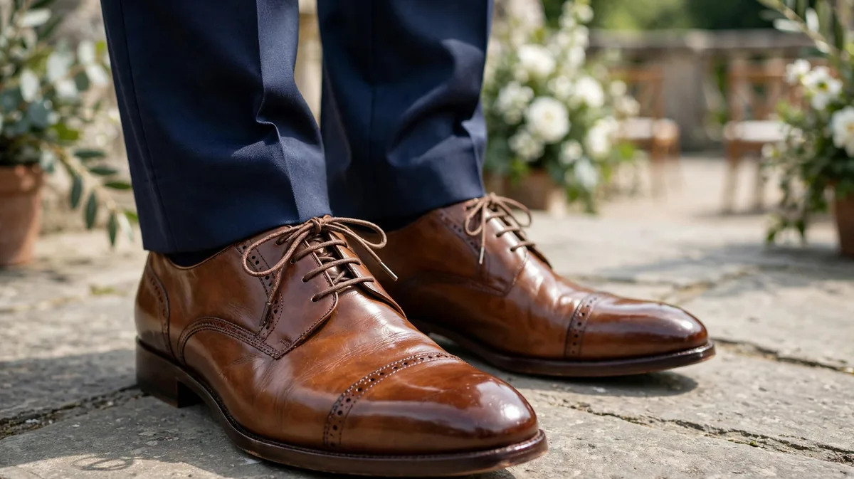 Polished brown leather Oxford shoes worn with a navy suit by a male wedding guest
