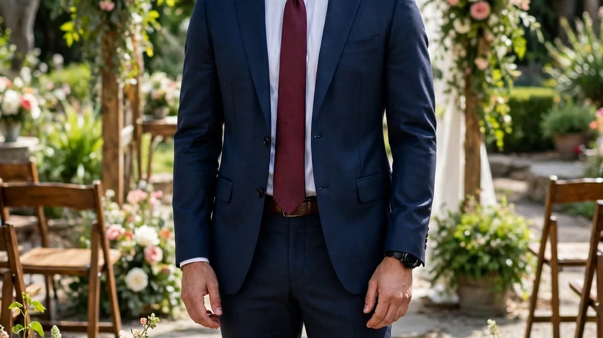 Male wedding guest wearing a navy suit with a white shirt and burgundy tie at an outdoor ceremony