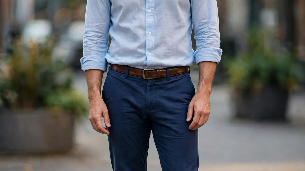 A man wearing a light blue shirt with navy trousers and tan shoes.