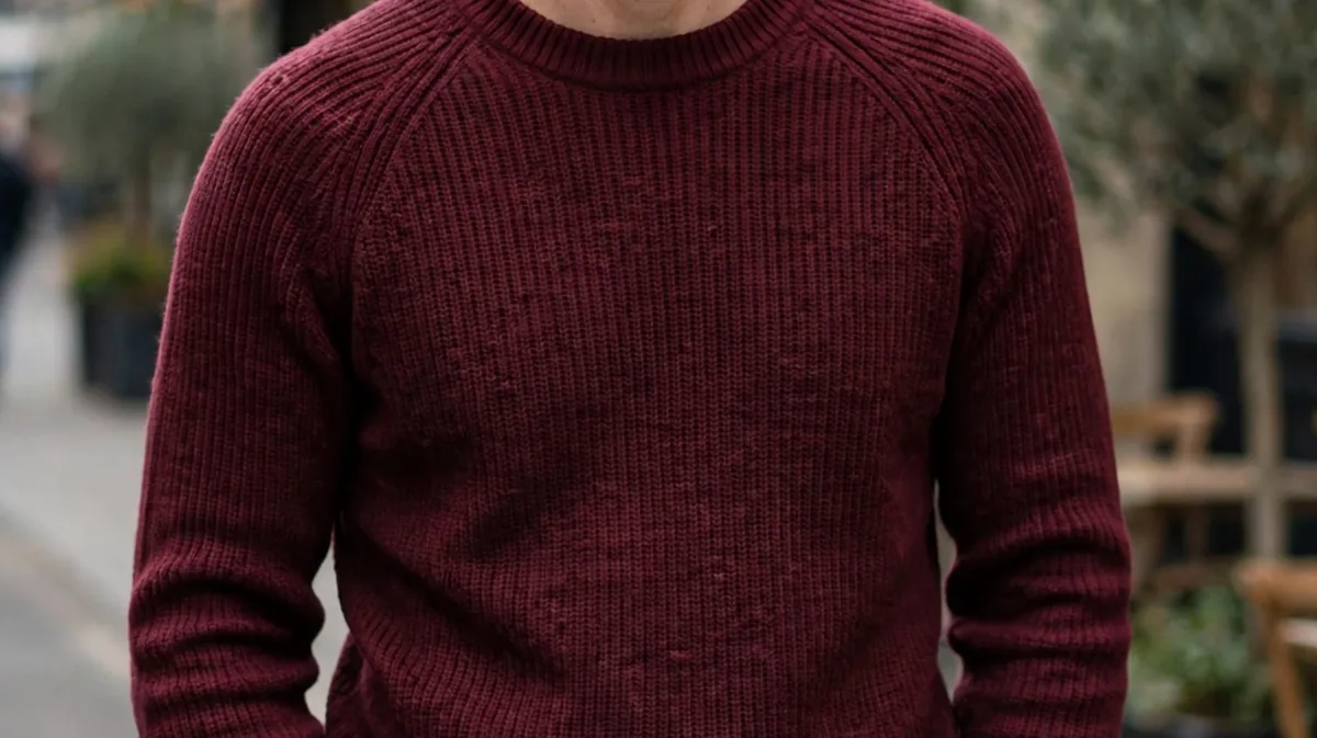A man wearing a burgundy sweater with stone trousers.
