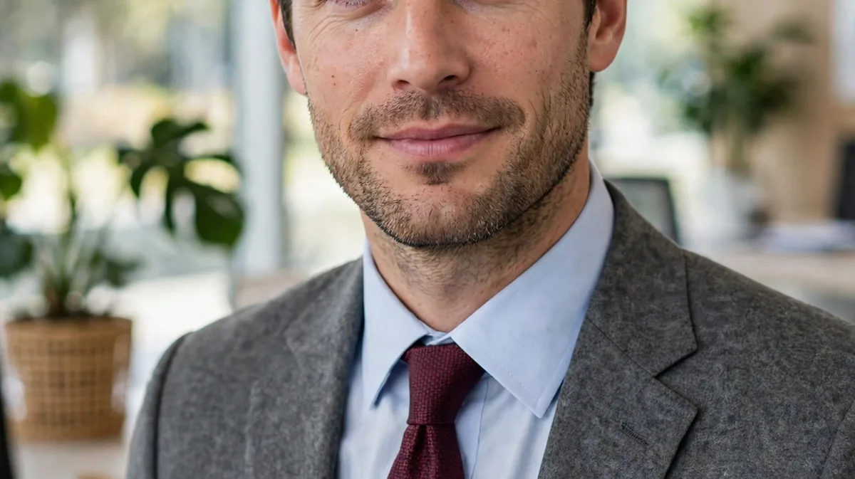 A man wearing a grey suit with a light blue shirt and burgundy tie.