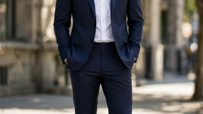 A man wearing a navy suit with a white shirt and brown shoes.