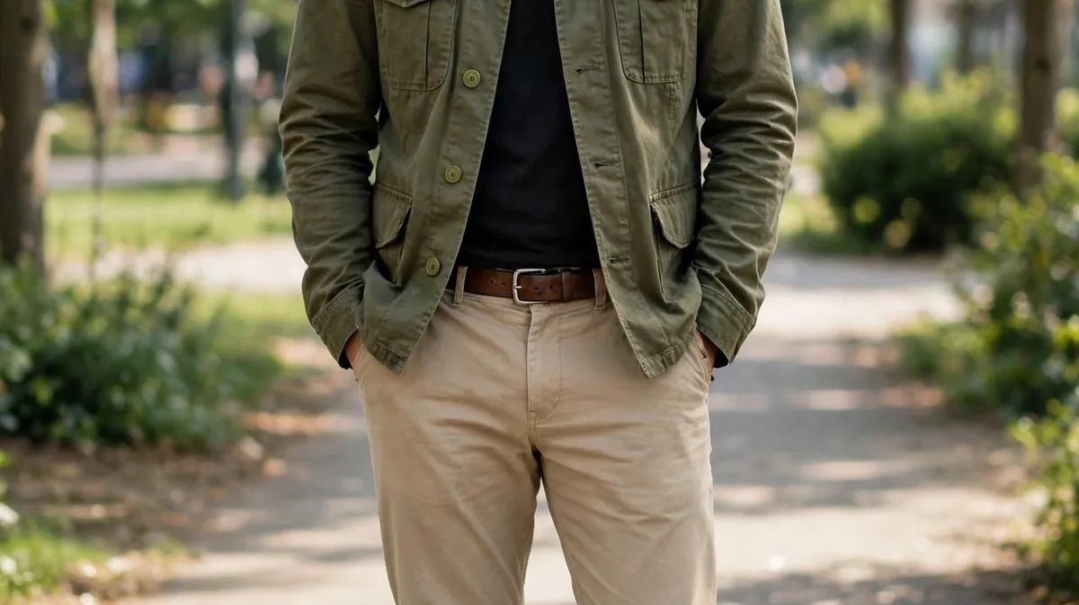 A man wearing an olive jacket with beige trousers and white sneakers.
