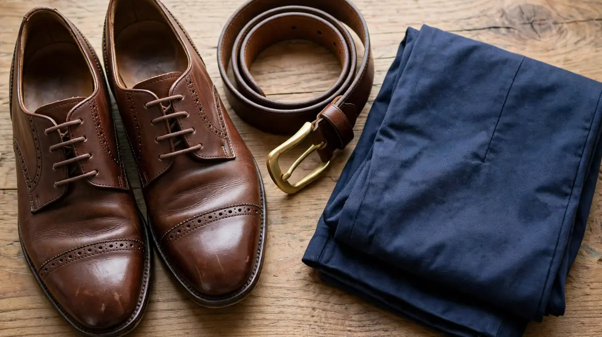 Brown shoes and a matching belt beside navy trousers.